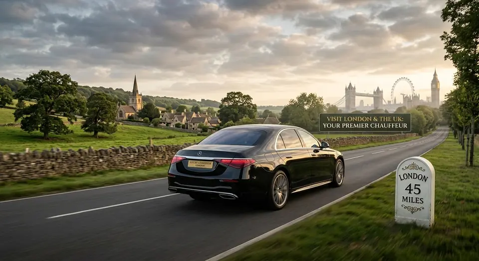 Black saloon on an open road through the countryside towards London