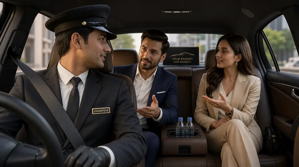 Chauffeur speaking with two business passengers in the back of a car