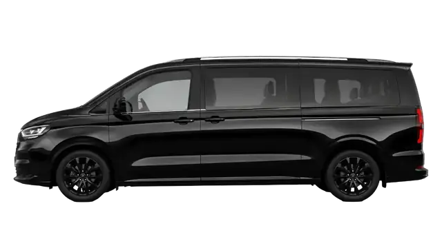 Black long wheelbase eight seater people carrier, side view