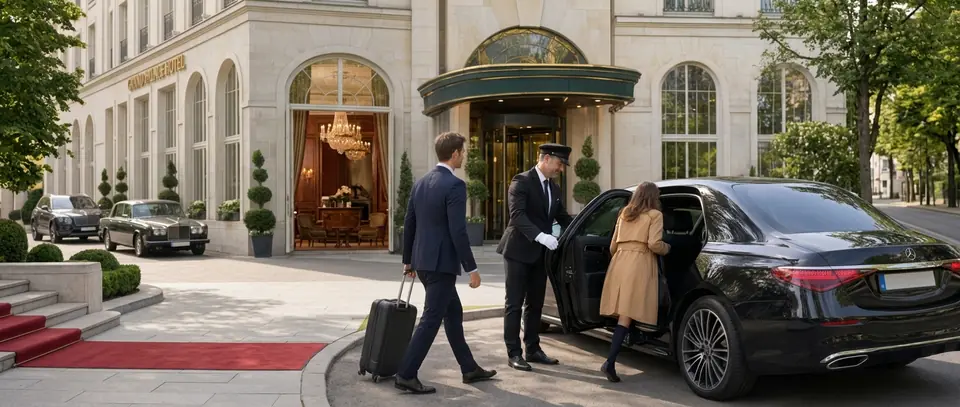 Chauffeur helping a passenger into a car outside a hotel entrance